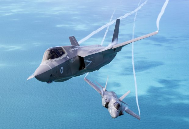 A pair of F-35B's, Lightning II jets of the Royal Air Force and USMC flying over the east coast of England. Crown copyright.