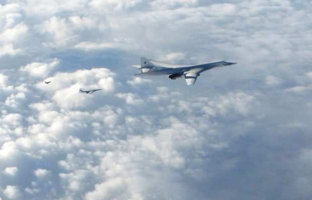 Pictured are two Russian Blackjack Tupolev Tu-160 long-range bombers followed by an RAF Typhoon aircraft scrambled from RAF Lossiemouth.