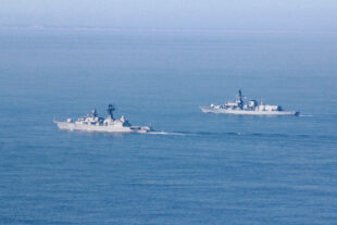 Royal Navy frigate HMS St Albans escorted a Russian warship through the English Channel and Dover Strait. Crown Copyright.