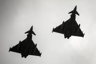 Two Royal Air Force Typhoons during their flypast display at the Heroes Day Parade, Buzău.