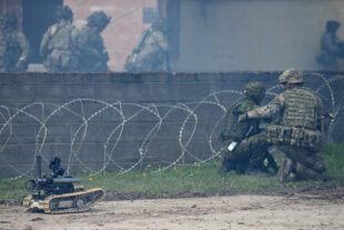 Explosive Ordinance Disposal (EOD) assets showing off their drills during the Joint Expeditionary Force Demonstration at the end of Exercise Joint Warrior in Copehill Down, Salisbury Plain Training Area.