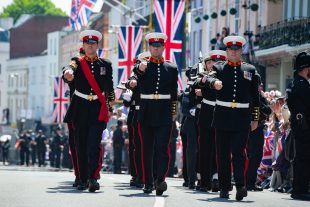Personnel from the Royal Marines taking part in the Royal wedding. 250 members of the Armed Forces were on parade in Windsor to help celebrate the Royal Wedding of HRH Prince Henry of Wales and Ms Meghan Markle. Crown Copyright.