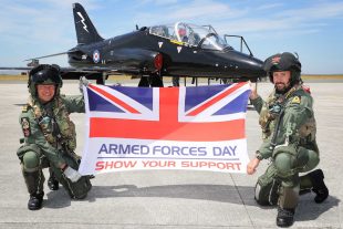 736 NAS Hawk Pilots Lt Nick Weightman (L) and Lt Tom Sawle show their support for Armed Forces Day 2018.