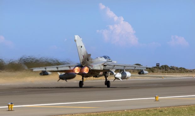 A Tornado GR4 powering down the runway at RAF Akrotiri in Cyprus. Crown Copyright.