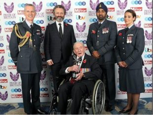 The Chief of the Air Staff, Michael Sheen, Dambusters Veteran Jonny Johnson, Wing Commander Manjeet Ghataora and Flight Lieutenant Kerry Bennett