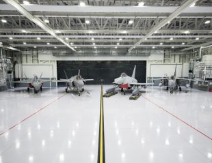 The UK's concept model for the next generation jet fighter "Tempest", F-35B, Typhoon and Tornado aircraft, together in the new F-35B hanger at RAF Marham.