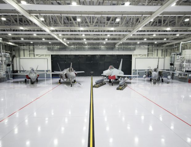Image (L-R) of the UK's concept model for the next generation jet fighter "Tempest", F-35B, Typhoon and Tornado aircraft, all seen here in the new F-35B hanger at RAF Marham.