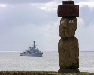 HMS Montrose on the coast of Easter Island.