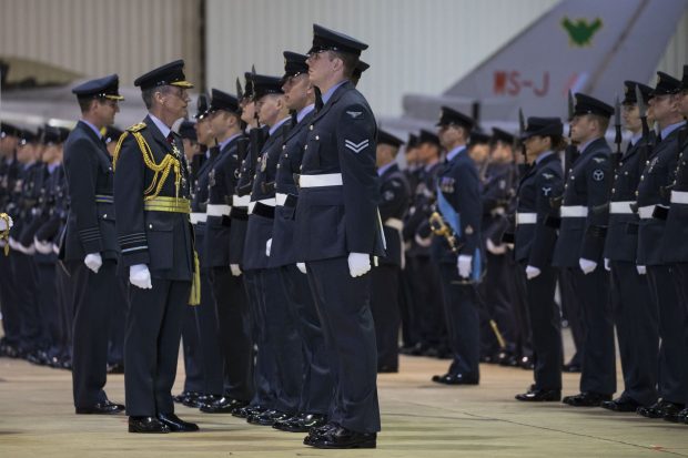 Chief of the Air Staff inspects RAF personnel in a hangar in RAF Lossiemouth