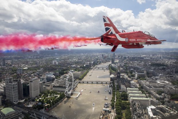 The Royal Air Force Aerobatic Team, The Red Arrows fly over London during the Queens Birthday Flypast