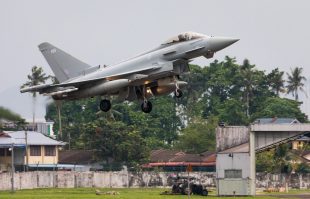 A Royal Air Force Typhoon lands at RMAF Butterworth, Malaysia, to participate in Exercise Bersama Lima 19